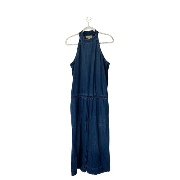 Cloth & Stone x Anthropologie - NWOT Blue Denim Halter Wide Leg Jumpsuit Sz L - Picture 2 of 8